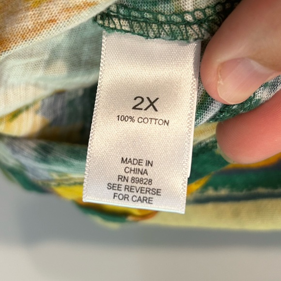 LOGO Lori Goldstein 2X Shirt Top Green Yellow Long Tunic V Neck Lagenlook - Picture 5 of 9